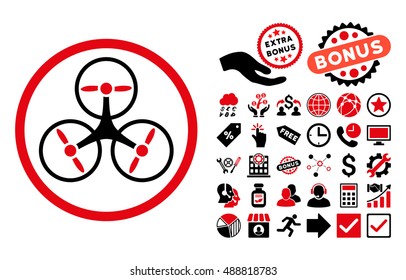 Tricopter icon with bonus design elements. Vector illustration style is flat iconic bicolor symbols, intensive red and black colors, white background.