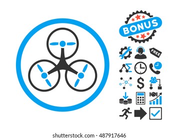 Tricopter icon with bonus symbols. Vector illustration style is flat iconic bicolor symbols, blue and gray colors, white background.