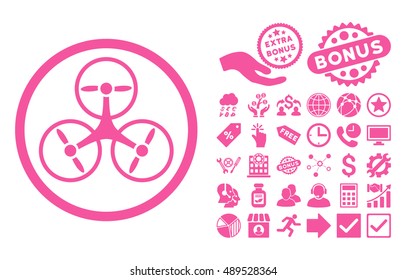 Tricopter pictograph with bonus design elements. Vector illustration style is flat iconic symbols, pink color, white background.