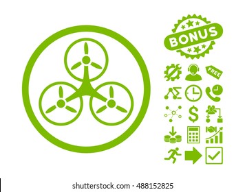 Tricopter pictograph with bonus elements. Vector illustration style is flat iconic symbols, eco green color, white background.