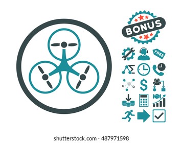 Tricopter pictograph with bonus images. Vector illustration style is flat iconic bicolor symbols, soft blue colors, white background.