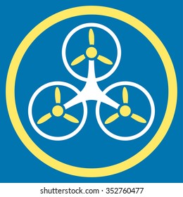 Tricopter vector icon. Style is bicolor flat circled symbol, yellow and white colors, rounded angles, blue background.