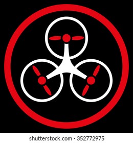 Tricopter vector icon. Style is bicolor flat circled symbol, red and white colors, rounded angles, black background.