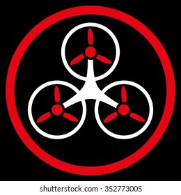 Tricopter vector icon. Style is bicolor flat circled symbol, red and white colors, rounded angles, black background.