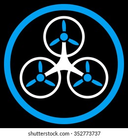 Tricopter vector icon. Style is bicolor flat circled symbol, blue and white colors, rounded angles, black background.