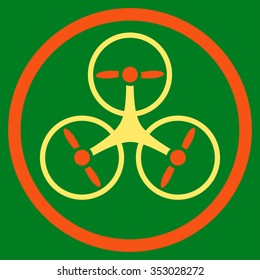 Tricopter vector icon. Style is bicolor flat circled symbol, orange and yellow colors, rounded angles, green background.