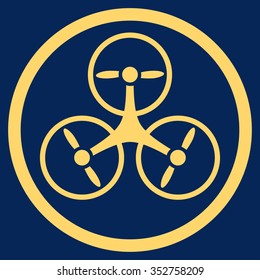 Tricopter vector icon. Style is flat circled symbol, yellow color, rounded angles, blue background.