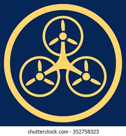Tricopter vector icon. Style is flat circled symbol, yellow color, rounded angles, blue background.