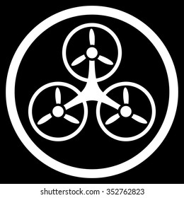 Tricopter vector icon. Style is flat circled symbol, white color, rounded angles, black background.
