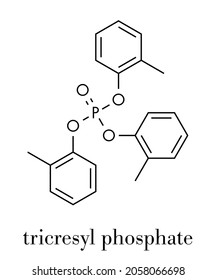 Tricresyl phosphate (TCP) molecule. Used as plasticizer, for waterproofing, as flame retardant, etc. Known to be neurotoxin. Skeletal formula.