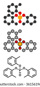 Tricresyl phosphate (TCP) molecule. Used as plasticizer, for waterproofing, as flame retardant, etc. Known to be neurotoxin. Stylized 2D renderings and conventional skeletal formula. 