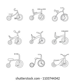 Tricycle bicycle bike wheel icons set. Outline illustration of 9 tricycle bicycle bike wheel vector icons for web