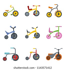 Tricycle bicycle bike wheel icons set. Flat illustration of 9 tricycle bicycle bike wheel vector icons isolated on white