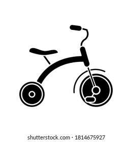 Tricyclieren Sie das Symbol für eine schwarze Glyphe. Trikes für Kleinkinder. Kinder fahren mit Ausrüstung. Koordinierung und ausgewogene Entwicklung der Kinder. Silhouette-Symbol auf weißem Raum. Vektorgrafik einzeln