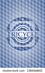 Tricycle blue badge with geometric pattern background. Vector Illustration. Detailed.