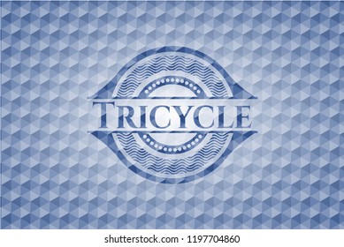 Tricycle blue emblem or badge with abstract geometric polygonal pattern background.