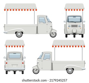 Tricycle food cart vector template with simple colors without gradients and effects. View from side, front, back