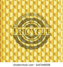 Tricycle golden emblem or badge. Scales pattern. Vector Illustration. Detailed.