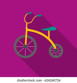 Tricycle icon in flat style isolated on purple background. Play garden symbol stock vector illustration.