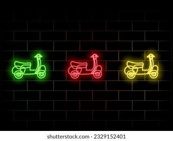 Tricycle icon set. Outline set of neon color tricycle vector icons on black.