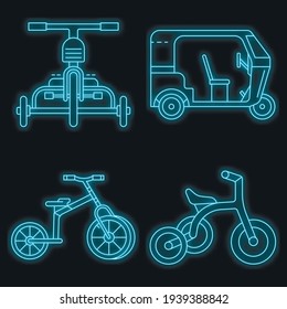 Tricycle icon set. Outline set of tricycle vector icons neon color on black