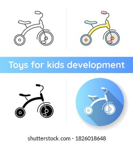 Tricycle-Symbol. Trikes für Kleinkinder. Kinder fahren mit Ausrüstung. Koordinierung und ausgewogene Entwicklung der Kinder. Körperliche Fähigkeiten. Lineare Schwarz- und RGB-Farbstile. Einzelne Vektorgrafiken