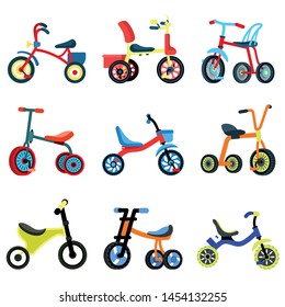 Tricycle icons set. Flat set of tricycle vector icons for web design