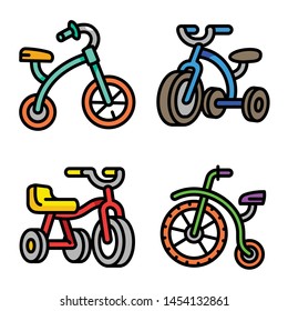 Tricycle icons set. Outline set of tricycle vector icons for web design isolated on white background