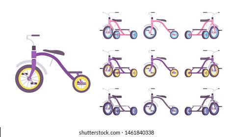 Tricycle kid bike set. First vehicle for young riders, small three-wheeled bicycle, sport equipment. Vector flat style cartoon illustration isolated on white background, different views and colors