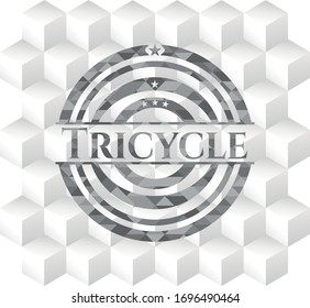 Tricycle realistic grey emblem with geometric cube white background