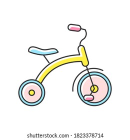 Trizyklus-RGB-Farbsymbol. Trikes für Kleinkinder. Kinder fahren mit Ausrüstung. Koordinierung und ausgewogene Entwicklung der Kinder. Ideen zur Unterhaltung und Aktivität von Kindern. Einzelne Vektorgrafik