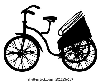 Tricycle and rickshaw, transportation vehicle with three wheels, vector, illustration in black and white color, isolated on white background