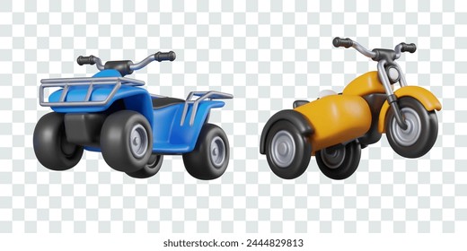 Tricycle with sidecar and quad bike. Different types of open vehicles for daily use and racing