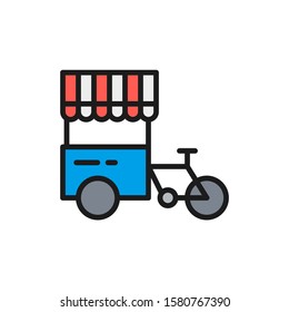 Tricycle with street fridge, hot dog bicycle flat color line icon.