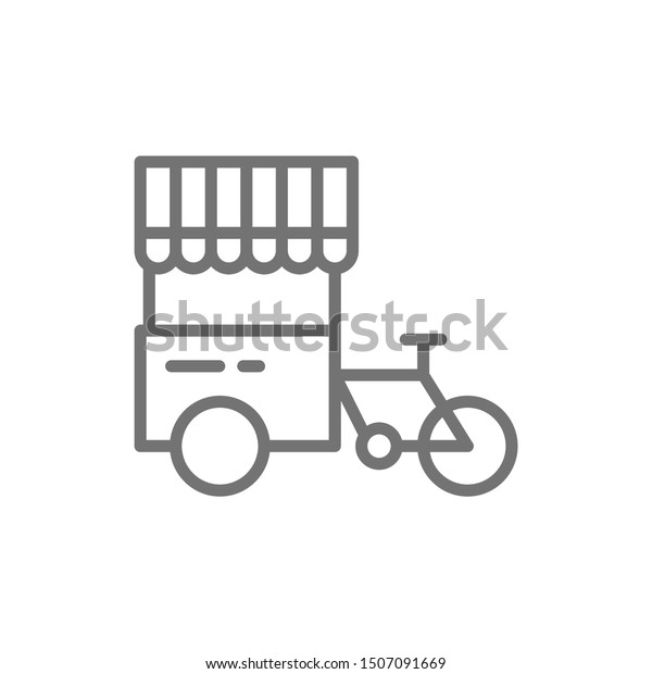 Tricycle\
with street fridge, hot dog bicycle line\
icon.