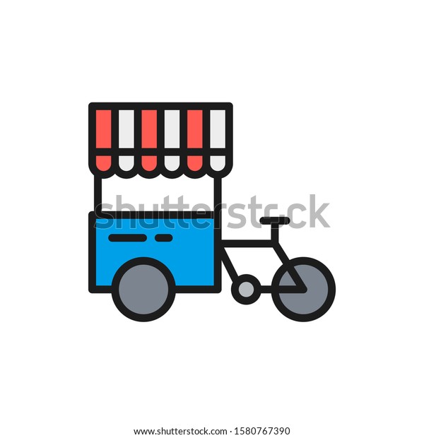 Tricycle with street fridge, hot dog bicycle flat
color line icon.