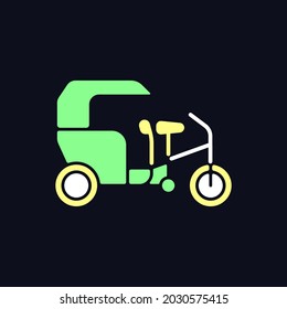 Tricycle taxi RGB color icon for dark theme. Tri-wheeled bicycle rickshaw. Bike taxi with passenger cart. Isolated vector illustration on night mode background. Simple filled line drawing on black