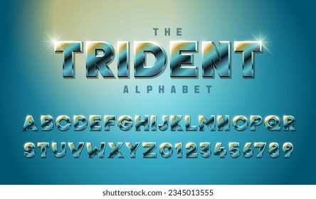 The Trident alphabet. Unique 3d font with a metallic turquoise blue finish, subtly enhanced with bronze details. Evoke the majesty of the ocean.  Premium three dimensional typeset