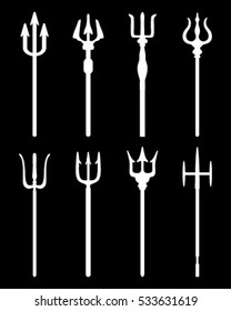 Trident  collection isolated, white silhouettes on a black background
