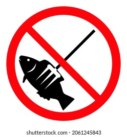 Trident and fish, red round prohibition sign on white background, vector illustration