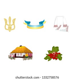 Trident, flag, embroidered rushnyk, traditional house and viburnum - vector set of symbols of Ukraine. Cartoon cliparts (icons) of Ukrainian state and folk signs