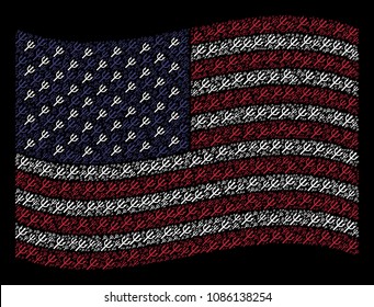 Trident fork icons are organized into waving USA flag stylization on a dark background. Vector collage of America state flag is designed from trident fork elements.