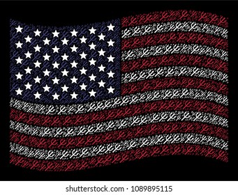 Trident fork symbols are composed into waving United States flag abstraction on a dark background. Vector composition of American state flag is made from trident fork elements.