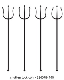 The trident is of four kinds. Simple black silhouette of weapons.