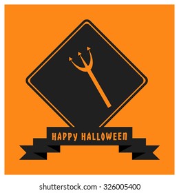 Trident icon. Black Happy Halloween Ribbon Banner on Orange background. Vector illustration