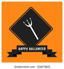 Trident icon, Black Happy Halloween Ribbon Banner on Orange background. Vector illustration