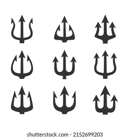 Trident icon set. Trident Neptune weapon collection. Poseidon black symbol. Vector isolated on white.