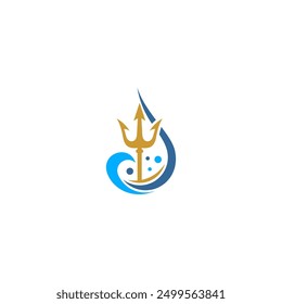 Trident logo with combination of blue sea wave elements in flat vector design style