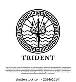 Trident logo design. Poseidon weapon on circle ornament with wave and sunbeam background for stamp, emblem, logo and others