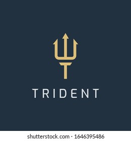 Trident Logo Symbol Design Vorlage. Buchstaben t in Speerform. Firmenzeichen oder -zeichen. Luxuslogotype der Linie. einzeln auf blauem Hintergrund. Vektorillustration